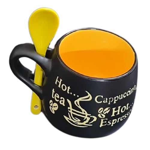 Image of HiTechMart Ceramic Coffee Mug with Spoon - Stylish Black & Yellow Cup for Tea, Cappuccino, Espresso - Embossed Design, Unique Gift for Coffee Lovers Colour May Vary