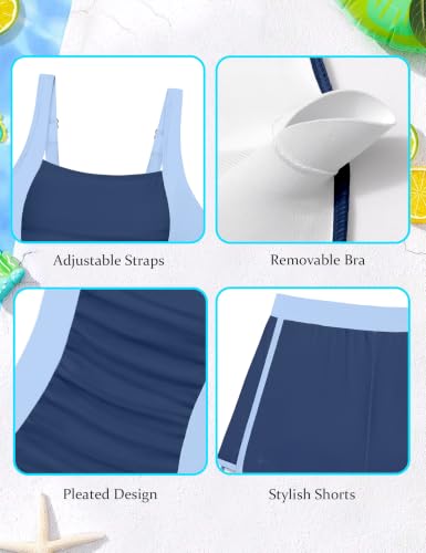Image of Girls Swimsuit One Piece Swimsuits Color Block Bathing Suit for Girls Adjustable Strap Padded Swimwear with Shorts