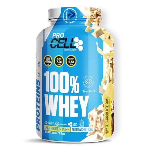 ProCell Proteína Whey 1,8Kg 100% Proteína de Suero Concentrada (White Chocolate) Con BCAA y Glutamina, Sin Gluten, Sin Lactosa y Bajo en Azúcares (60 Servicios)
