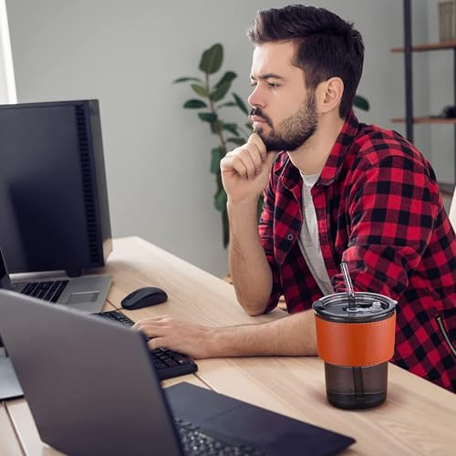 Image of Stylish Glass Tumbler with Lid and Glass Straw 400ML Coffee Tea Milk Mug with Leather Sleeve for Home Office and Traveling (Black)