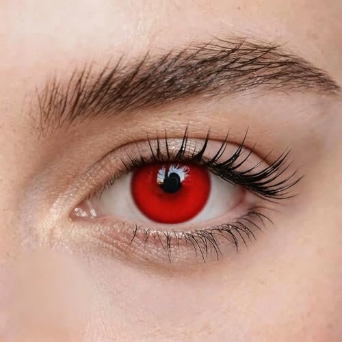 Rot Farbige Linsen & Geprüfte Kontaktlinsen - Grußlige Monatslinsen für Halloween & Fasching - mit Stärke - Vampir & Dracula (Rot) (1 Paar / 2 Stück) (0.00 Dioptrien)