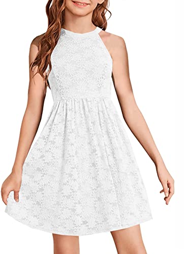 HOSIKA Girls Halter Neck Sleeveless Elegant Floral Lace A-line Flared Swing Party Dress for 6-12 Years Kid
