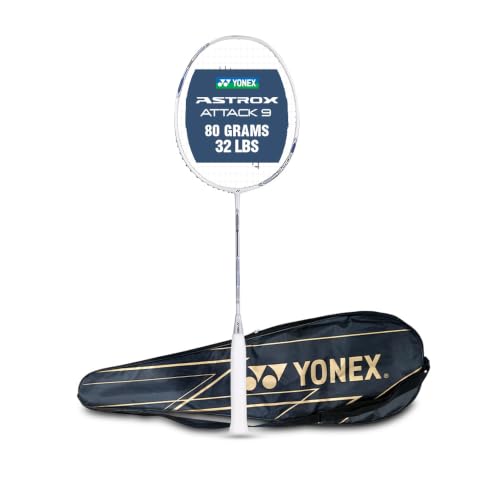 Yonex Astrox Attack 9 Ultra Strong Japan Made Graphite Strung Badminton Racquet with Full Cover (80 Grams - 32 Lbs Tension, Pearl White)