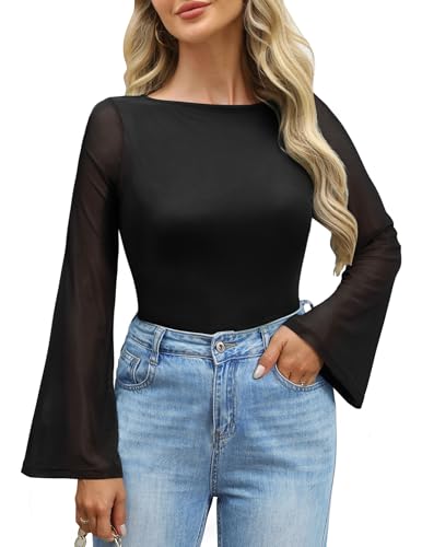 Womens Bell Sheer Sleeve Tops Boat Neck Double Lined Going