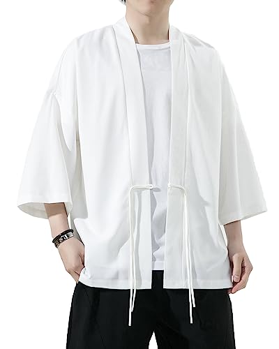 Image of Mens Kimono Cardigan Cotton Linen Japanese Shirt 3 /4 Sleeve Haori Yukata | Skin-Friendly Solid Color Lightweight Shawl Collar Kimono Robe Embroidery Button Tie Pockets Happi Coat All Season Daily Wear