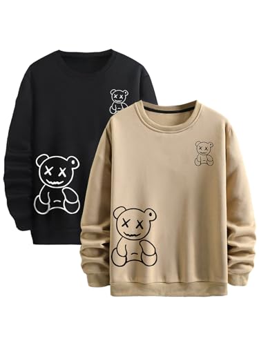 WDIRARA Men's 2 Pack Bear Print Pullovers Black and White Sweatshirt Round Neck Casual Long Sleeve Sweatshirts