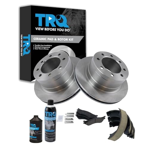 Image of TRQ Rear Brake Pad & Rotor Kit, with Chemical Kit Parking Brake Shoe Set Ceramic Compatible with 2003-2005 Dodge Ram 2500 Ram 3500