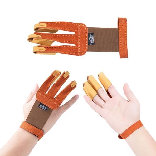Prespollw 3-Finger Archery Glove – Leather Finger Protector for Bow Hunting & Shooting – Adjustable Strap, Breathable & Durable Design for Archers (Orange Yellow)