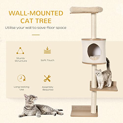 Pawhut 4-Level Wall-Mounted Cat Tree Activity Tower, Wall Cat Shelves With Sisal Rope Scratching Posts, Cat Condo And Bed, Light Brown #TOP3