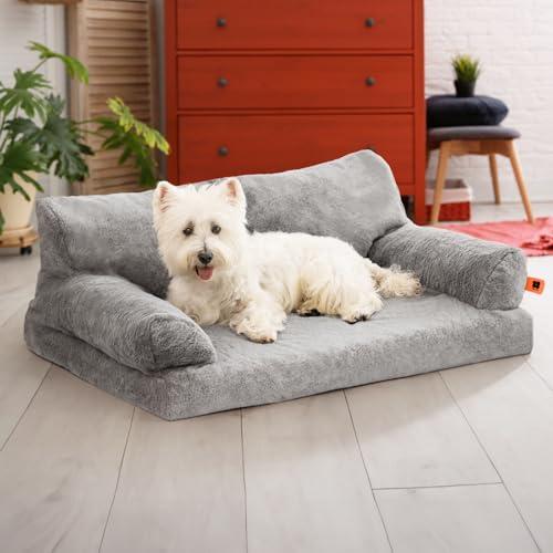 MEWOOFUN Orthopädisches Hundesofa, mittelgroß, wasserdicht, Anti-Angst-Plüschbezug für Welpen, 90 x 65 x 30 cm (Grau, L)