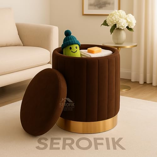 Image of Ottoman Stool with Storage, Round Dutch Velvet Cover Memory Foam Padded 32L Capacity Ottoman Bench Footrest, Pouffe, Office Stool, Makeup Chair, Vanity Chair for Living Room, Bedroom