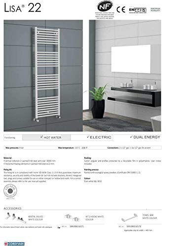 Cordivari Lisa 22 Towel Warmer Hydronic White Italy Design Straight 20''x28'' Radiator