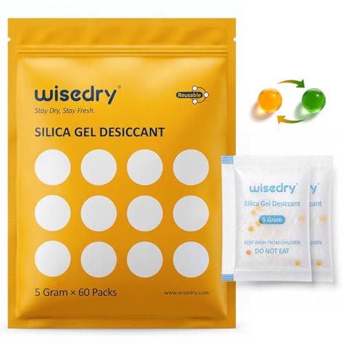 Image of wisedry 5 Gram 60 Packs Food Grade Silica Gel Packets, Rechargeable Food Safe Desiccant Packs with Color Indicating Beads, Reusable Moisture Absorbers for Food Storage, Electronics, 3D Filament & Safe