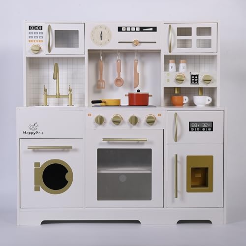 Kids Wooden Play Kitchen Set with Oven, Ice Maker & Coffee Maker - Pretend Cooking Toy Gift for Toddlers 3+ Years