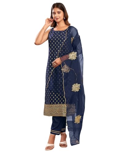 Sanisa Women's Cotton Blend Foil Printed Sequence And Embroidery Work Straight Kurta With Pant And Dupatta Set (190Kbd2021N-Xl_Navy Blue & Golden)