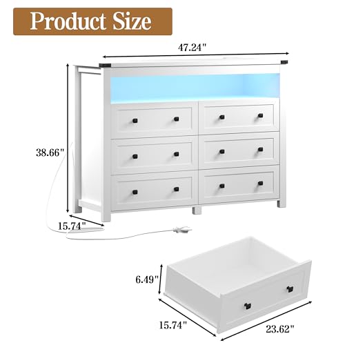 Image of Wodeer White Dresser 6 Drawer Dressers for Bedroom with LED Lights, Charging Station, Wood Chest of Drawers with Metal Handles, Modern TV Stand Storage Cabinet for Living Room, Hallway, Entryway