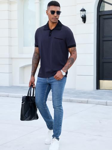 Image of Men's Casual Polo Shirts Summer Short Sleeve Contrast Collar Buttoned Tee Polo Shirt with Pocket