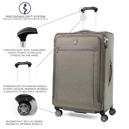 Image of Travelpro Platinum Elite Softside Expandable Checked Luggage, 8 Wheel Spinner Large Suitcase, TSA Lock, Men and Women, Metallic Sand, Checked Large 29-Inch