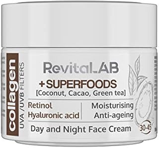RevitaLAB Day and Night Collagen Anti-Ageing Moisturiser, Enriched with Hyaluronic Acid, Superfoods, Vitamins and a UVA/UVB Filter, for Ages 30 45, 50 ml