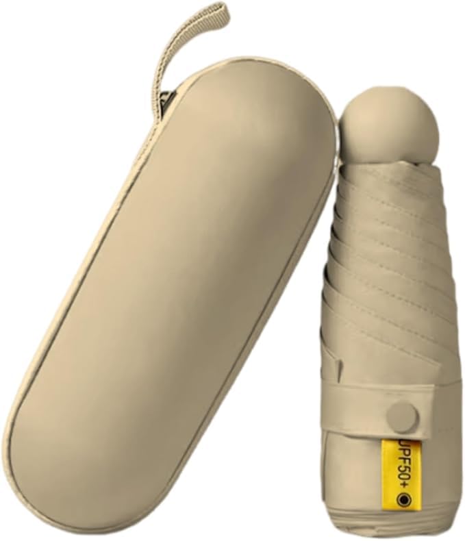 Mini Guarda-Chuva Dobrável Pequeno de Bolso – Ultra Compacto, Leve, Resistente e Portátil com Proteção UV – À Prova D’Água, Antivento, Ideal para Viagem, Bolsa e Mochila Estojo Cápsula (Bege)