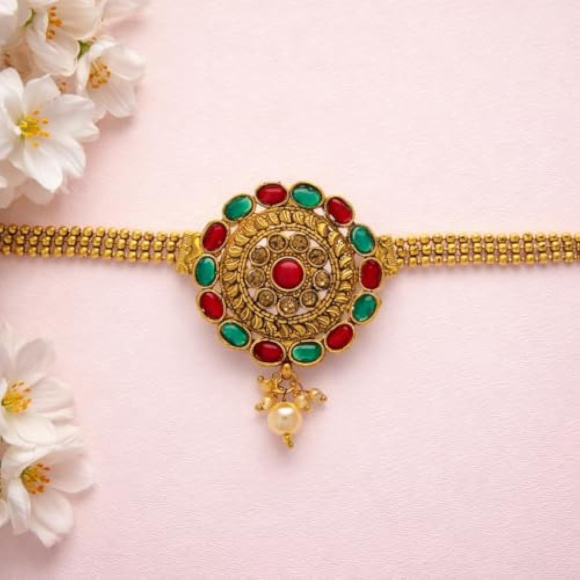 Golden Colour Round Shape Designer Traditional Bajuband for Women