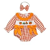 ZIXILOVGIR Baby Girl Halloween Outfit Pumpkin Bubble Romper Long Sleeve Plaid Ruffle Onesie Halloween Baby Clothes (Pumpkin Truck-orange, 12-18 Months)