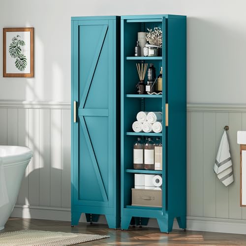 Image of LCAOPC 67 inch Tall Narrow Bathroom Metal Storage Cabinet with 4 Adjustable Shelves, Freestanding 5 Tier Slim Pantry Storage Cabinet for Small Space, Peacock