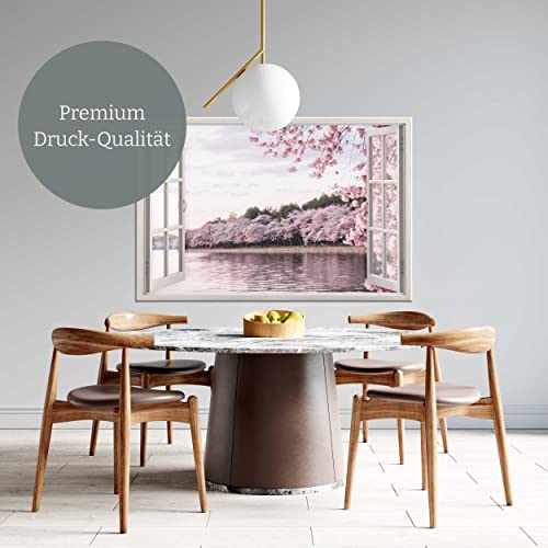 Estika - Leinwand Bilder Fensterblick - Rosa Wald, See - 120x80 cm - 1 teilige Wandbilder, Bild auf Leinwand, Modern Deko für wohnzimmer schlafzimmer - Natur Landschafts bilder - 5979A_1B