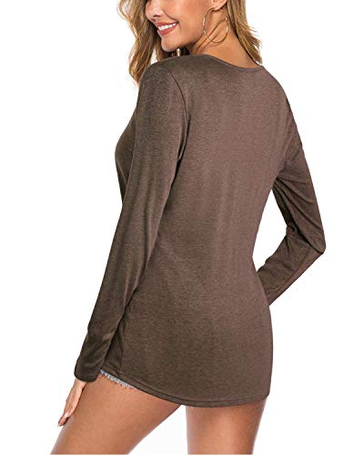 KILIG Women's Long Sleeve V-Neck Button Loose Casual Tunic Tops Blouse Henley T Shirts(D2-Brown,L)