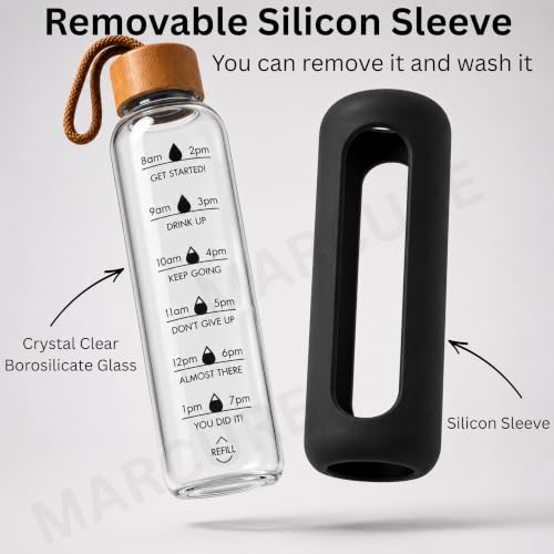 Image of Borosilicate Glass Water Bottle with Silicone Sleeve | Natural Bamboo lid | perfect for Home, Fridge, Office, Gym, Travel | BPA Free | Black