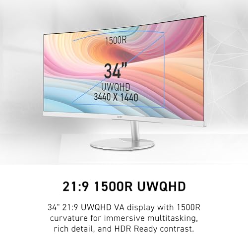Image of msi PRO MP341CQW E12 34-inch VA 3440 x 1440(UWQHD) Computer Monitor, 120Hz, Adaptive-Sync, HDMI, DisplayPort, VESA Mountable, Speaker, 1ms, White