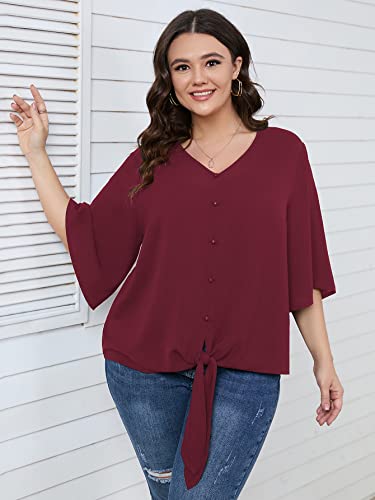 SCOMCHIC Women's Plus Size Blouses V Neck Tops 3/4 Sleeve Tie Knot Casual False Button Down Shirts XL-5XL2
