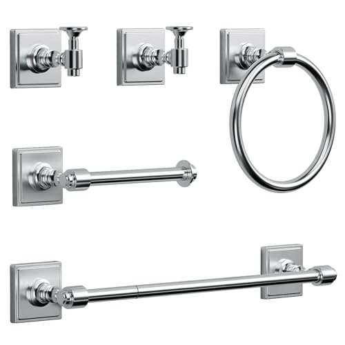 VEHCIL Polished Chrome Bathroom Towel Bar Set 5 Piece Bathroom Hardware Accessory Set SUS304 Stainless Steel 24 Towel Rack Holder Set for Bathroom Wall Mounted