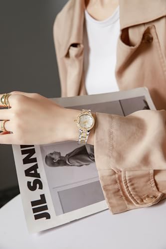 Image of London Fog Crescent Collection Analog Quartz Watch for Women - Round Textured Dial, Crystal-Studded, Diamond-Style Hour Markers, Stainless Steel Strap - LFW20005