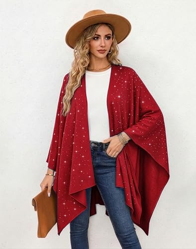 Image of Womens Rhinestones Open Front Poncho Shawl Wrap Cape Ruana Travel Blanket Cardigan