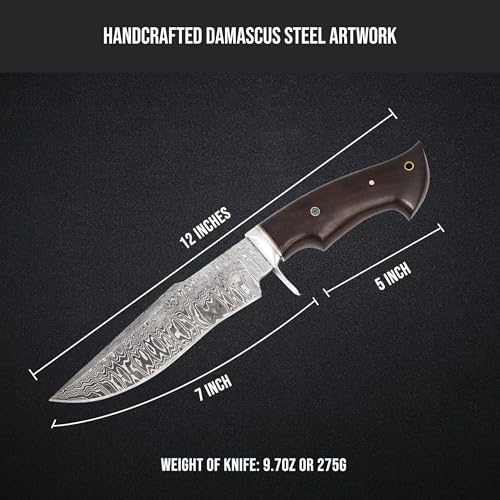 BIGCAT ROAR Leopard Hunter - Handmade Damascus Steel Fixed Blade Hunting Knife 12" - Walnut Wood Handle & Leather Sheath - Hunting, Outdoor Survival, Bushcraft EDC Long Knife - Collector Gifts for Men