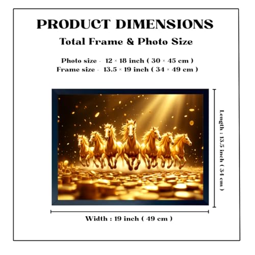 Image of ARTFUL TOY BOX - 7 Running Golden Horses Photo Frame Wall Art for Home Decor | Success, Power & Financial Growth Vastu Wall Decor for Living Room & Office | HD Glossy Print | Premium Fiber Black Frame - 12x18 Inch (30x45 cm) (Design 7)