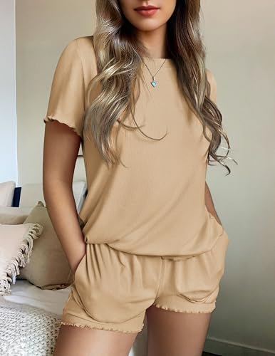 Image of Ekouaer Womens Pajamas 2 Piece Ribbed Knit Pjs Short Sleeve Sleepwear Set Summer Soft Pajamas Set Casual Lounge Sets