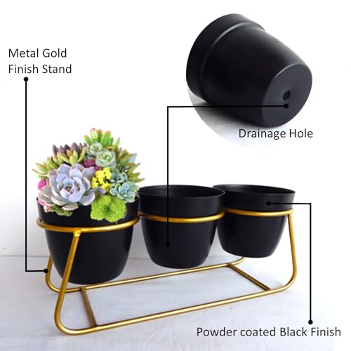 Image of Planter|Flower Pot for Indoor|Decorative Planter Basket|Home D?cor Flowers Pot|Flower Planter for Office D?cor|Balcony Flower Pot|3 Planter with Golden Stand|1129-A|Black