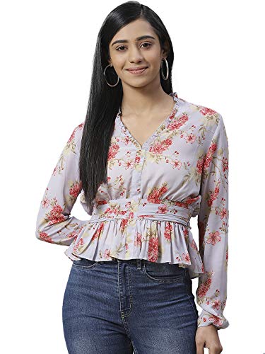 Image of IVES Women's Printed Polyester Full Sleeves | V Neck | Regular Fit Crop Top