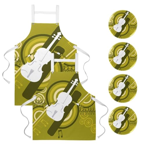 Lot de 2 tabliers de cuisine avec 4 broches motif musique guitare multicolore