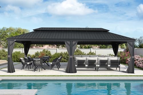 PURPLE LEAF 12' X 28' Large Hardtop Gazebo Aluminum Gazebo with Galvanized Steel Double Roof for Patio Lawn and Garden, Curtains and Netting Included Grey