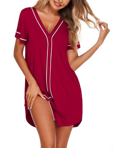 Image of Ekouaer Womens Nightgown Button Down Sleep Shirts Short Sleeve Nightshirt V-Neck Sleepdress Soft Sleepwer