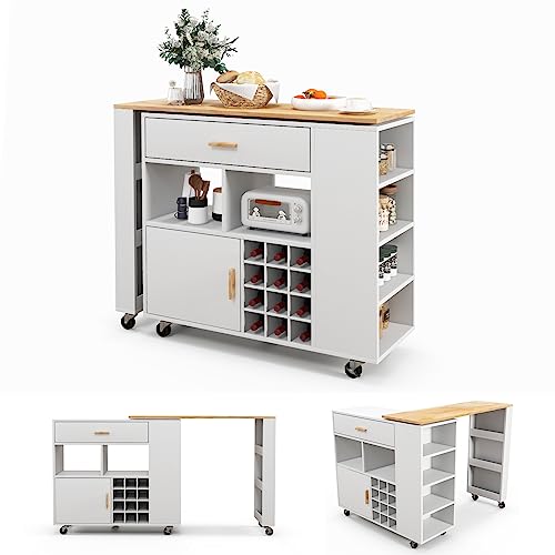 COSTWAY Ilot Central de Cuisine 2 en 1, Meuble de Bar, Desserte sur roulettes avec Plans de Travail en Bois d'Hévéa, Étagère Réglable, Casier à Vin pour...