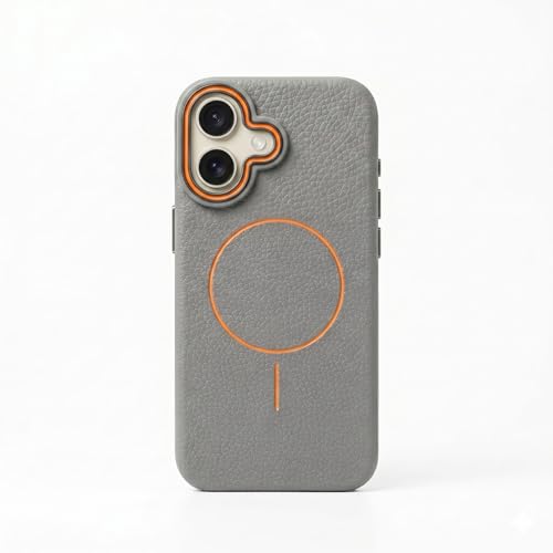 Image of amazon basics Luxury MagSafe Compatible Leather Texture Back Cover for iPhone 16 | Raised Camera Protection | Slim Fit Shockproof Case with Metallic Accents (Gray)
