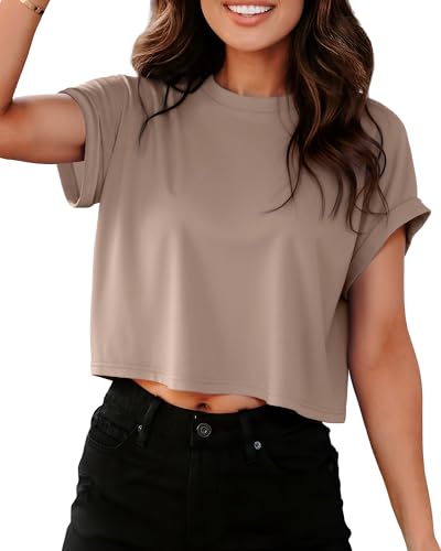 Crop Tops for Women Summer Rolled Basic Tees, Khaki, S