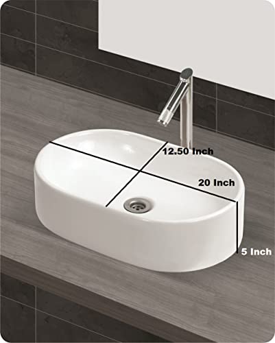Image of Wash Basin Table Top Over Counter Vessel Sink Glossy Finish White Sink for Bathroom (20 x 12.5 x 5 Inch)