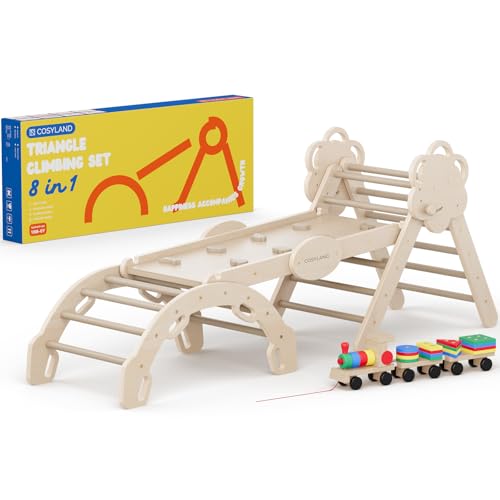 COSYLAND Klettergerüst Indoor L - Montessori Indoor Spielset mit Kletterbogen & Rutsche -8-in-1 Massivholz-Spielplatz - Kletterbogen ab 1 Jahr - Natur