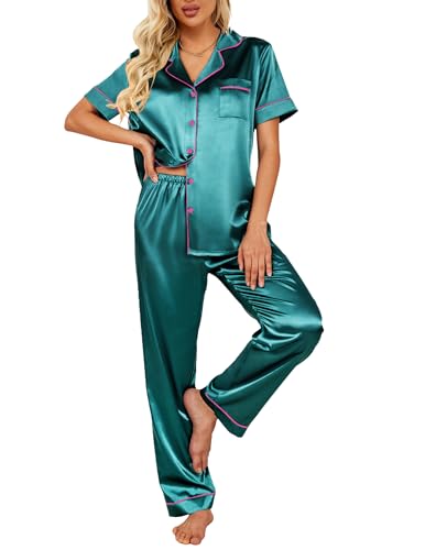 Image of Ekouaer Silk Satin Pajamas Set Women Short Sleeve Sleepwear Soft Button Down Loungewear Pjs Set Green Pink