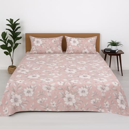 Image of Double Bedsheet - Floral Elegance Print, 90 x 100 Inch Brushed Microfiber Flat Sheet with Pillow Covers - Soft, Cooling & Wrinkle Resistant